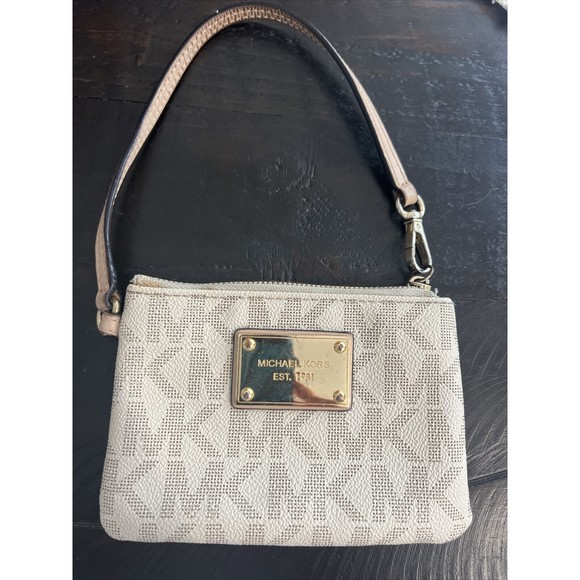 Michael Kors Wristlet Tan/Beige AV-1410  32T3GJSW1B Ivory MK‎ Signature Leather - Picture 1 of 7